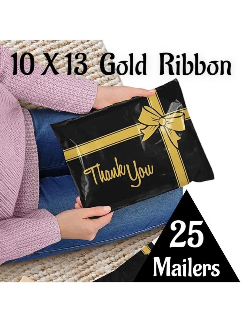 25 10X13 Poly Mailers Thank You Gold Ribbon, Shipping Envelopes PRICE IS FIRM - Picture 4 of 5